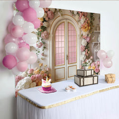 Lofaris Toile de fond florale rose et blanche avec porte arquée, élégant arrière-plan romantique pour studio photo et événement