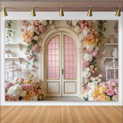 Lofaris Toile de fond florale rose et blanche avec porte arquée, élégant arrière-plan romantique pour studio photo et événement