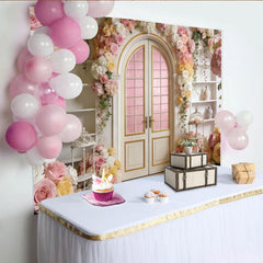 Lofaris Toile de fond de photographie porte arquée fleurie roses et hortensias, élégant décor pour mariage, baby shower ou studio photo