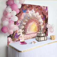 Lofaris Toile de fond de photographie fleurs de cerisier roses et blanches avec papillons, décor printanier féerique pour studio photo