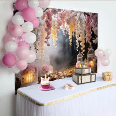 Lofaris Toile de fond de photographie fleurs de cerisier roses et blanches, magnifique décor romantique avec lanternes pour studio photo