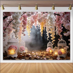 Lofaris Toile de fond de photographie fleurs de cerisier roses et blanches, magnifique décor romantique avec lanternes pour studio photo