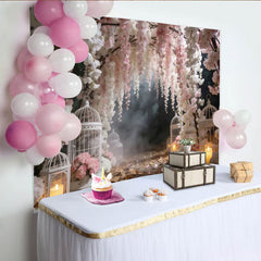 Lofaris Toile de fond de mariage florale rose et blanche, romantique décor avec cages à oiseaux pour cérémonie et séance photo