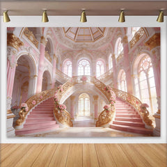 Lofaris Toile de fond de palais rose et or avec escalier majestueux, élégant arrière-plan luxueux pour événements et portraits