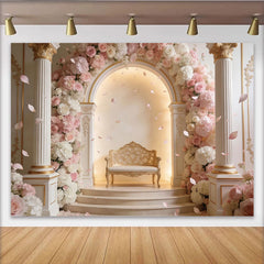 Lofaris Toile de fond mariage romantique roses et blanches, colonnes dorées, somptueux arrière-plan floral pour cérémonie ou studio photo