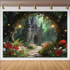 Lofaris Toile de fond de photographie forêt enchantée avec château médiéval et lumières féeriques, magnifique arrière-plan pour studio photo