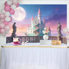 Lofaris Château féerique avec pleine lune et ciel pastel pour photographie, magnifique arrière-plan de rêve pour studio photo et portrait