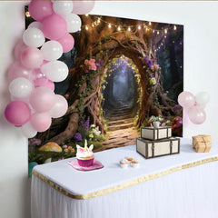 Lofaris Toile de fond forêt enchantée avec arche d'arbre fleurie et lumières, arrière-plan mystique pour studio photo et portrait artistique
