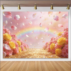 Lofaris Toile de fond florale rose et jaune avec pétales et arc-en-ciel, magnifique arrière-plan scintillant pour portrait et fête