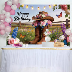 Lofaris Toile de fond joyeux anniversaire western avec fleurs et bottes, magnifique décor champêtre pour séance photo