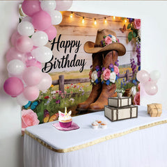 Lofaris Toile de fond d'anniversaire western floral avec bottes et chapeau, décor rustique et lumières pour fête et séance photo