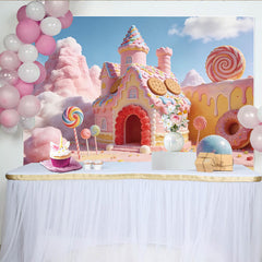 Lofaris Toile de fond rose monde de bonbons avec maison en pain d'épices et sucettes, magnifique décor de rêve pour fête d'enfants