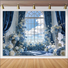 Lofaris Élégante toile de fond de photographie florale bleue et blanche avec fenêtre, magnifique arrière-plan de studio pour portrait