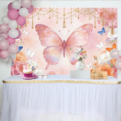 Lofaris Toile de fond rose papillon et fleurs aquarelle pour anniversaire fille, décor féerique élégant avec chaînes dorées pour studio photo