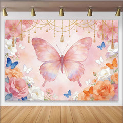 Lofaris Toile de fond rose papillon et fleurs aquarelle pour anniversaire fille, décor féerique élégant avec chaînes dorées pour studio photo