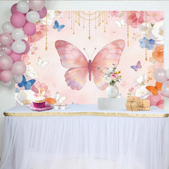 Lofaris. Toile de fond de photographie aquarelle rose avec papillons et fleurs dorées, arrière-plan délicat pour studio photo