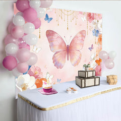 Lofaris. Toile de fond de photographie aquarelle rose avec papillons et fleurs dorées, arrière-plan délicat pour studio photo