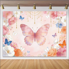 Lofaris. Toile de fond de photographie aquarelle rose avec papillons et fleurs dorées, arrière-plan délicat pour studio photo
