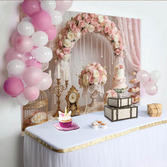 Lofaris Toile de fond anniversaire rose et blanc pour fille, avec fleurs et perles, élégant décor de fête pour studio photo et gâteau