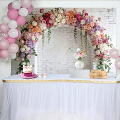 Lofaris Toile de fond de photographie arche florale élégante avec roses pastel et mur de briques blanches, décor pour mariage ou séance photo
