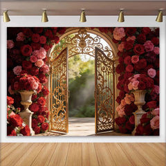 Lofaris Toile de fond pour mariage élégant avec portail doré et roses rouges, décor floral romantique pour studio et événement