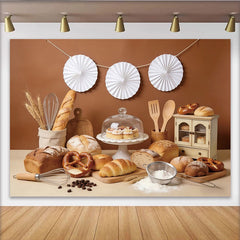 Lofaris Toile de fond de photographie boulangerie rustique avec pain et pâtisseries, arrière-plan chaleureux pour studio photo