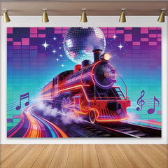 Lofaris Toile de fond train néon et boule disco vibrante pour studio photo, arrière-plan musical rétro pour fête et événement