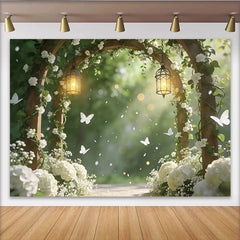 Lofaris Toile de fond arche florale blanche et lanternes pour mariage, élégant décor de cérémonie avec papillons et lumière douce