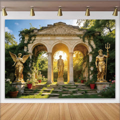 Lofaris Toile de fond de photographie classique avec statues dorées et arches antiques, magnifique arrière-plan de jardin verdoyant