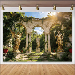 Lofaris Toile de fond de photographie jardin classique statues dorées et arches, élégant arrière-plan de style antique pour portrait