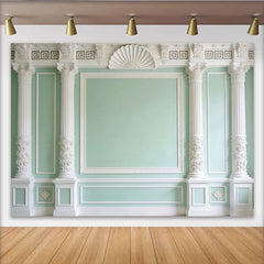 Lofaris Toile de fond de photographie architecture classique avec colonnes blanches et moulures, élégant arrière-plan vert menthe