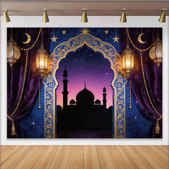 Lofaris Toile de fond pour l'Aïd avec mosquée, croissant de lune et lanternes dorées, décor de nuit étoilée orientale pour fête et studio photo