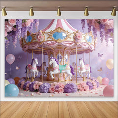 Lofaris Toile de fond carrousel rose et violet pour anniversaire fille avec fleurs, magnifique décor féerique pour séance photo