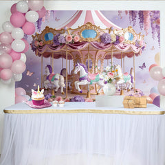 Lofaris: Toile de fond pour anniversaire carrousel féerique avec fleurs et ballons, magnifique décor de fête pour séance photo