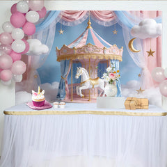 Lofaris Toile de fond anniversaire carrousel rose et bleu pastel avec nuages et étoiles, décor de rêve pour studio photo et fête d'enfants