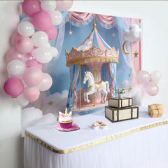 Lofaris Toile de fond anniversaire carrousel rose et bleu pastel avec nuages et étoiles, décor de rêve pour studio photo et fête d'enfants