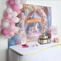 Lofaris Toile de fond pour anniversaire carrousel rose et bleu avec ballons et fleurs, décor féerique pour fête d'enfants ou séance photo