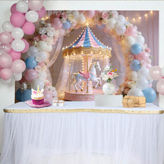 Lofaris Toile de fond anniversaire carrousel pastel avec ballons et fleurs, magnifique décor de fête pour studio photo