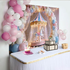 Lofaris Toile de fond anniversaire carrousel pastel avec ballons et fleurs, magnifique décor de fête pour studio photo