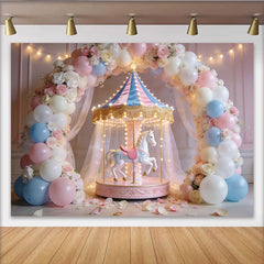 Lofaris Toile de fond anniversaire carrousel pastel avec ballons et fleurs, magnifique décor de fête pour studio photo