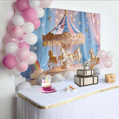 Lofaris Toile de fond de photographie carrousel féerique rose et bleu, décor de rêve avec chevaux dorés et étoiles pour studio