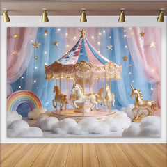 Lofaris Toile de fond de photographie carrousel féerique rose et bleu, décor de rêve avec chevaux dorés et étoiles pour studio