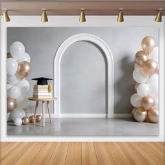 Lofaris Toile de fond remise des diplômes arche blanche ballons or rose et livres, élégant arrière-plan pour studio photo