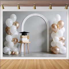 Lofaris Toile de fond remise des diplômes, ballons blancs et or rose, magnifique arrière-plan pour célébration et séance photo