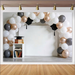 Lofaris Toile de fond remise des diplômes, ballons blancs or et gris décor élégant pour célébration de diplôme et séance photo