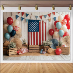 Lofaris Toile de fond patriotique drapeau américain rouge blanc bleu pour le Jour de l'Indépendance, décor rustique avec ballons