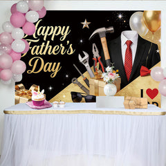 Lofaris Toile de fond noire et or scintillante pour la Fête des Pères avec outils et cadeaux, élégant décor de célébration pour papa