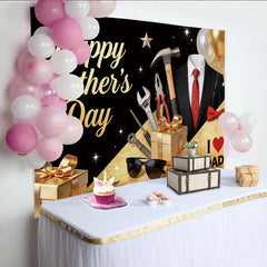 Lofaris Toile de fond noire et or scintillante pour la Fête des Pères avec outils et cadeaux, élégant décor de célébration pour papa