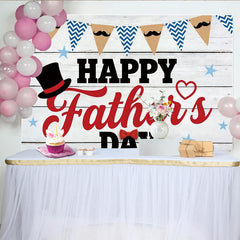 Lofaris Toile de fond Fête des Pères avec moustache et chapeau haut de forme, élégant décor en bois blanc pour célébration et photographie