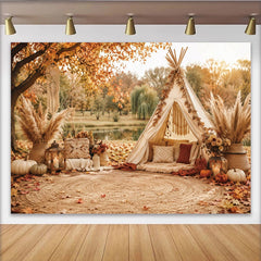 Lofaris Toile de fond de photographie d'automne avec tipi, feuilles d'érable et herbe de la pampa, arrière-plan rustique bohème